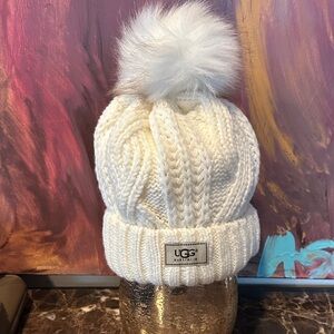 UGG Cream Cable Knit Beanie with Pom